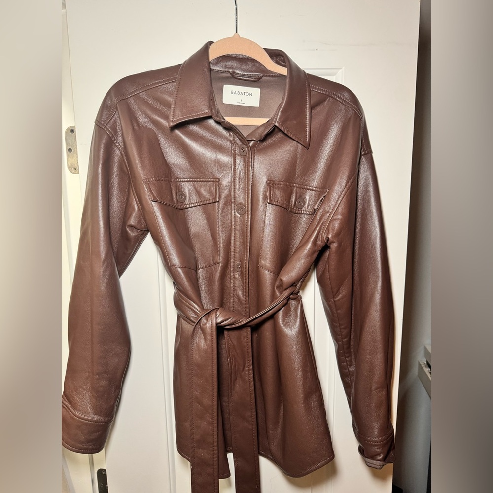 Aritzia Babaton Chocolate Leather Belted Jacket